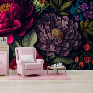 Floral vintage wallpaper with botanical flower, Wall Mural, Removable, Self Adhesive (Peel&Stick), Non Self Adhesive(Vinyl), Wall Decor