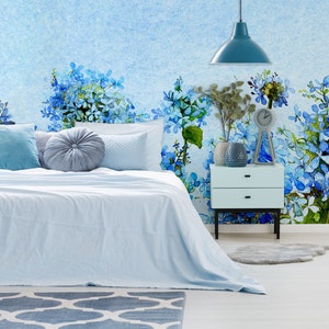 Blue watercolor wallpaper with flowers, Wall Mural, Removable, Self Adhesive (Peel and Stick) or Non Self Adhesive (Vinyl/Traditional)