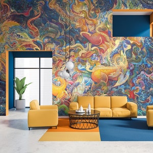Può includere: Un interno di soggiorno con un grande murale colorato sulla parete. Il murale presenta forme e motivi astratti in tonalità di blu, giallo, rosso e oro. La stanza è arredata con un divano giallo, due poltrone gialle e un tavolino da caffè nero. Il pavimento è in piastrelle di colore grigio chiaro.