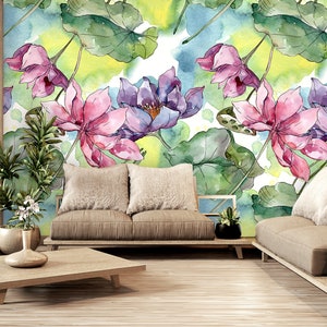 Big Watercolor Flowers and Leaves Wallpaper, Pink and Purple Flowers, Floral Wall Mural, Peel and Stick, Self Adhesive, Wall Decor