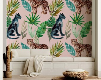 May include: A pink wallpaper with a repeating pattern of black panthers and brown leopards sitting amongst green tropical leaves.