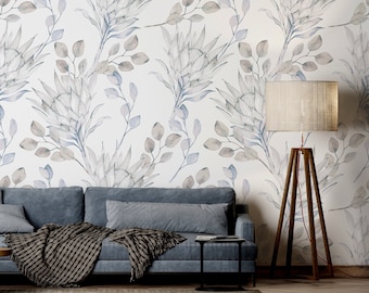 Light Watercolor Wallpaper with Blue Leaves and Plants, Floral Peel and Stick Wall Mural, Self Adhesive