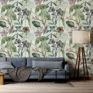 Vintage Floral Green Wallpaper with Tropical Leaves and Exotic Flowers, Peel and Stick, Wall Mural, Removable, Self Adhesive, Wall Decor