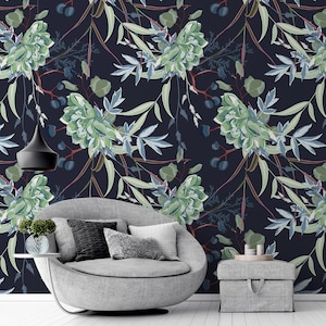 Papel pintado floral oscuro, flores y hojas verdes sobre fondo azul marino, mural de pared floral, papel pintado extraíble, autoadhesivo