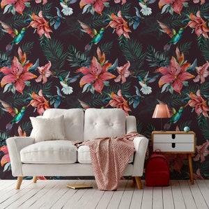 Dark Exotic Floral Wallpaper With Red Flowers and Hummingbirds, Exotic ...