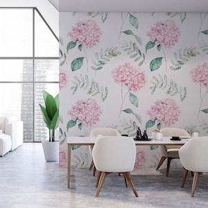 Bellissima carta da parati floreale chiara con ortensie rosa e foglie, decorazione murale, stacca e incolla, decorazione murale, autoadesiva, decorazione da parete