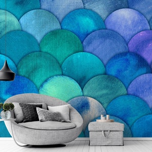 Geometrische Aquarell-Tapete mit blauen und türkisfarbenen Kreisen, Tapete zum Abziehen und Aufkleben, abnehmbares Wandbild, selbstklebend