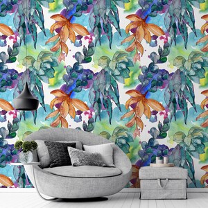 Colorful Watercolor Tropical Leaves and Flowers Wallapper with Watercolor Stains, Floral Peel and Stick,Removable Wall Mural, Self Adhesive