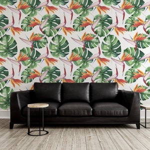 Weiße Tapete mit grünen Monstera-Blättern und orangefarbenen Blumen, Tapete zum Abziehen und Aufkleben, abnehmbares Wandbild, selbstklebend, Wanddekoration