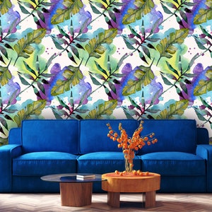 Watercolor Wallpaper with Green Leaves and Watercolor Purple Stains Wall Mural, Removable Wallpaper, Self Adhesive, Wall Decor