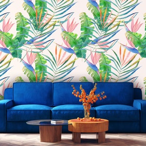 Tropical Light Wallpaper wih Watercolor Exotic Palm Leaves, Tropical Wall Mural, Removable Wallpaper, Self Adhesive