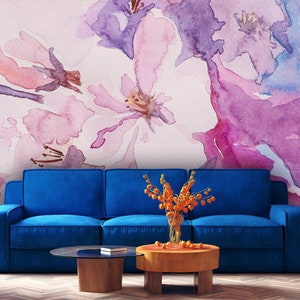 Purple Wallpaper with Big Watercolor Flowers and Watercolor Splash, Floral Wall Mural, Removable Wallpaper, Self Adhesive