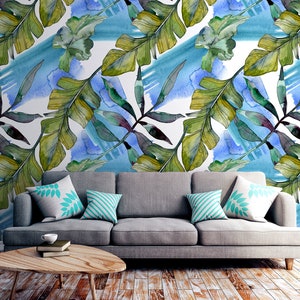 Watercolor Wallpaper with Tropical Green Leaves and Blue Watercolor Stains, Exotic Wall Mural, Removable Wallpaper, Self Adhesive