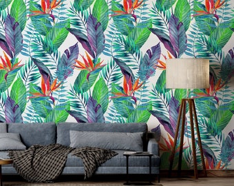 Bunte exotische Tapete mit grünen und blauen Blättern und Strelitzia, Tapete zum Abziehen und Aufkleben, Wandbild, selbstklebend, Wanddekoration
