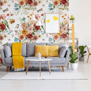 Aquarell-Blumentapete, Blumen, grüne Blätter auf weißem Hintergrund, abnehmbare Tapete, selbstklebend, abziehen und aufkleben, Wanddekoration
