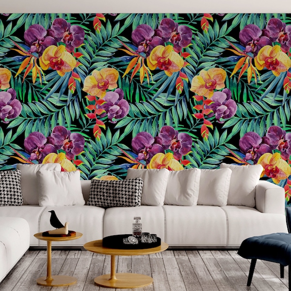 Dark Exotic Wallpaper with Palm Leaves and Purple and Orange Orchid, Peel and Stick Wallpaper, Removable Wall Mural, Self Adhesive