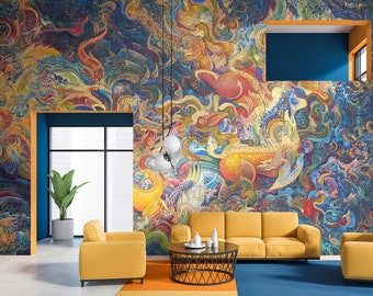 Pittura murale tradizionale thailandese, carta da parati raffigurante creature mitologiche, carta da parati rimovibile, autoadesiva, staccabile e attaccabile, decorazione murale