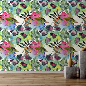 Colorful Watercolor Topical Leaves Wallapper with Watercolor Stains, Floral Peel and Stick Wallpaper, Removable Wall Mural, Self Adhesive