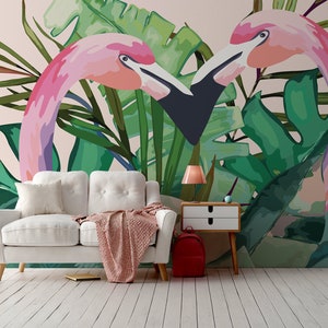 Exotische Tapete Zwei rosa Flamingos auf einem Hintergrund aus tropischen Blättern, tropisches Wandbild, abnehmbare Tapete, selbstklebend