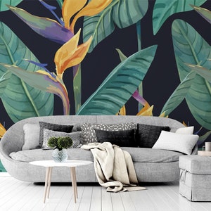Dark Tropical Vector Wallpaper with Big Green Leaves and Orange Strelitzia, Wall Mural, Peel and Stick, Removable, Self Adhesive, Wall Decor