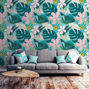 Tropische türkisfarbene Vektor-Tapete mit Monstera-Blättern und rosa Blüten, Tapete zum Abziehen und Aufkleben, abnehmbares Wandbild, selbstklebend