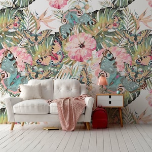 Tropical Colorful Watercolor Wallpaper with Butterflies and Flowers, Wall Mural, Floral Peel and Stick, Self Adhesive, Wall Decor