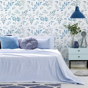Watercolor wallpaper, blue leaves, fern, forest herbs, plants, Wall Mural, Removable Wallpaper, Self Adhesive, Peel and Stick, Wall Decor