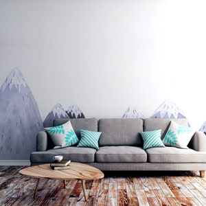 Papel pintado blanco con montañas de dibujos animados azules de acuarela, pelar y pegar, mural de pared, papel pintado extraíble, autoadhesivo, decoración de pared