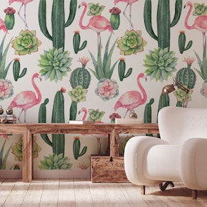 Aquarelltapete aus rosa Flamingo, Kakteen, abnehmbare Tapete, selbstklebend, abziehen und aufkleben, Wanddekoration