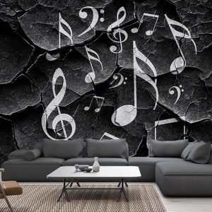 Music wallpaper, Grunge cracked, musical notes, Removable Wallpaper, Self Adhesive, Peel and Stick, Wall Decor