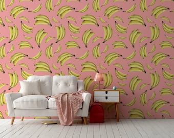 Pink Wallpaper with Bananas Pattern, Funny Wallpaper, Fruits, Peel and Stick,Removable Wall Mural, Self Adhesive, Wall Decor