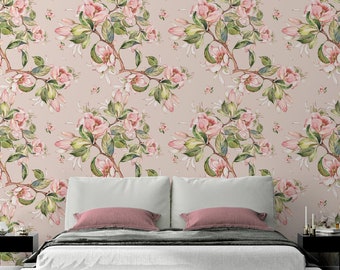Beige Floral Wallpaper with Pink Flowers and Leaves, Watercolor Wallpaper,  Peel and Stick,Removable Wall Mural, Self Adhesive, Wall Decor
