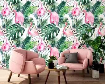 Tropical Watercolor Wallpaper With Monstera Leaves and Pink Flamingos, Peel and Stick, Removable Wall Mural, Self Adhesive, Wall Decor