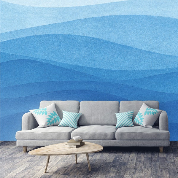 Blue abstract watercolor wallpaper, sea waves, Removable Wallpaper, Self Adhesive, Peel and Stick, Wall Decor