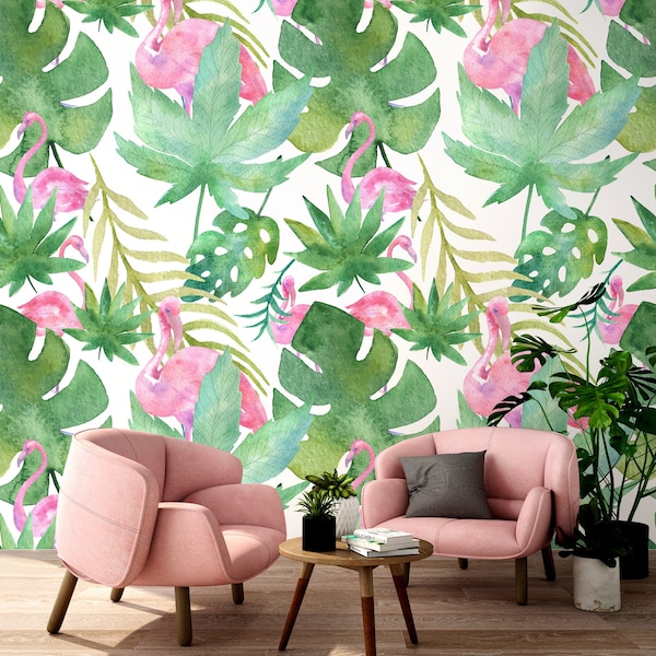 Watercolor Exotic Wallpaper with Monstera Leaves and Pink Flamingo, Peel and Stick, Removable, Self Adhesive, Wall Decor