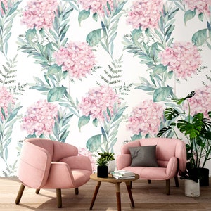 Wunderschöne helle Pastell-Aquarell-Tapete mit rosa Hortensien und Blättern, Tapete zum Abziehen und Aufkleben, abnehmbares Wandbild, selbstklebend