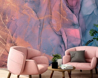 Watercolor Matte Abstract Painting, Pink and blue Marble Wall Mural, Removable Wallpaper, Self Adhesive, Peel and Stick, Wall Decor