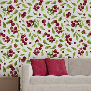 Watercolor Cranberry wallpaper, red berry and green leaf Wall Mural, Self Adhesive (Peel and Stick) or Non Self Adhesive (Vinyl/Traditional)