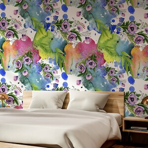 Beautiful Colorful Watercolor Wallpaper with Flowers and Watercolor Stains, Floral Wall Mural, Removable Wallpaper, Self Adhesive