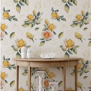 Helle Tapete mit aquarellgelben Rosen, wunderschönes natürliches Blumenwandbild, selbstklebend, Wanddekoration