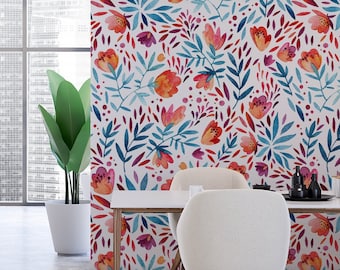 Watercolor Flowers Wallpaper, Red Flowers and Blue Leaves, Floral Peel and Stick, Wall Mural, Removable Wallpaper, Self Adhesive, Wall Decor