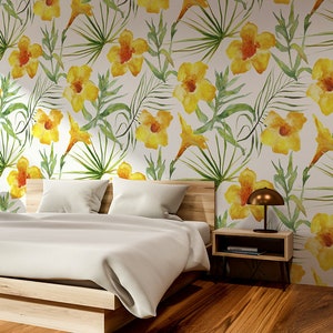 Helle Aquarell-Tapete mit gelben Narzissen und grünen Blättern, florale Peel-and-Stick-Tapete, Wandbild, selbstklebend