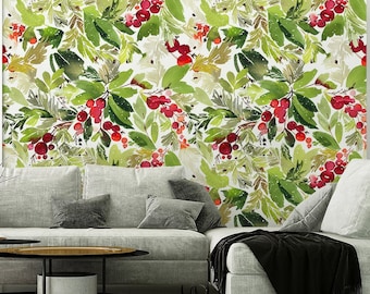 Green Watercolor Wallpaper with Leaves and Mountain Ash, Wall Mural, Peel and Stick, Removable, Self Adhesive, Wall Decor