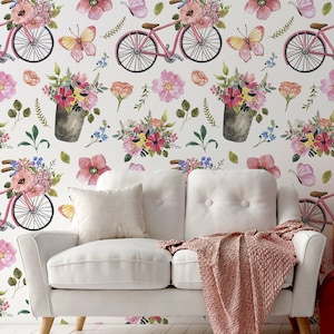 Light Wallpaper with Pink Bike and Colorful Flowers and Butterflies, Peel and Stick, Removable Wallpaper, Self Adhesive, Wall Decor