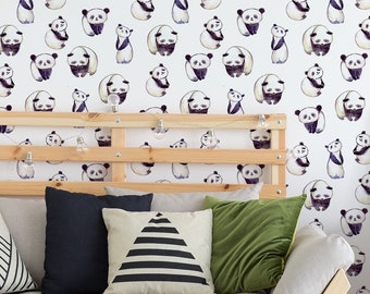 Watercolor wallpaper, panda bears, Wall Mural, Removable Wallpaper, Self Adhesive, Peel and Stick, Wall Decor