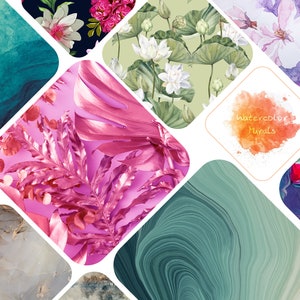 Pu&ograve; includere: Un collage di motivi ad acquerello e astratti, tra cui disegni floreali, foglie tropicali e linee vorticose. Il testo "Watercolor Murals" &egrave; in evidenza al centro dell'immagine.