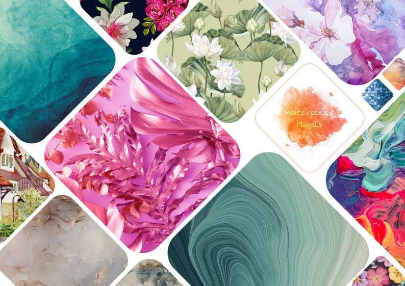 Pu&ograve; includere: Un collage di motivi ad acquerello e astratti, tra cui disegni floreali, foglie tropicali e linee vorticose. Il testo "Watercolor Murals" &egrave; in evidenza al centro dell'immagine.