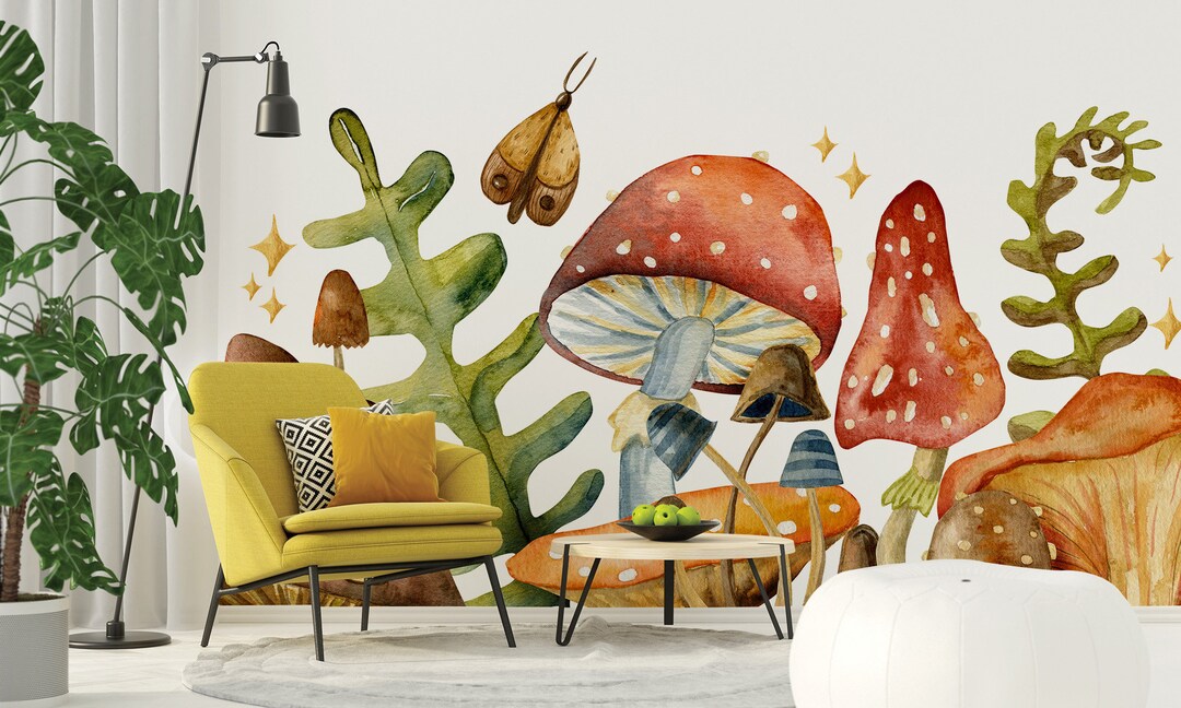 Watercolor Mushroom Wallpaper, Wall Mural, Removable, Self Adhesive ...