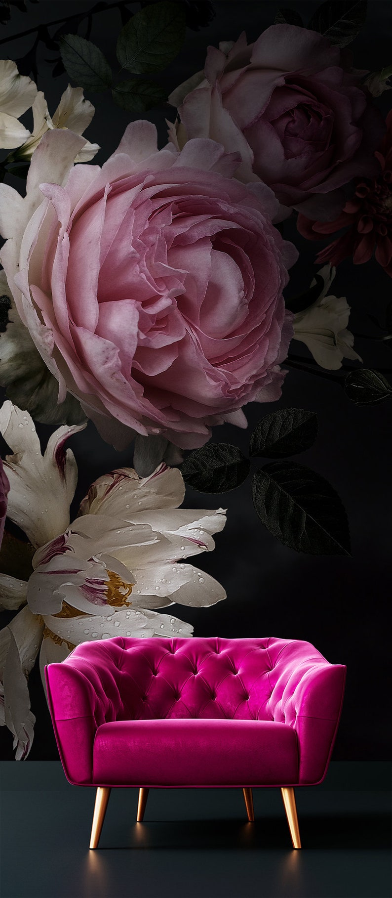 Dark Floral Wallpaper With Bouquet of Flowers, Pink Peonies and Roses ...