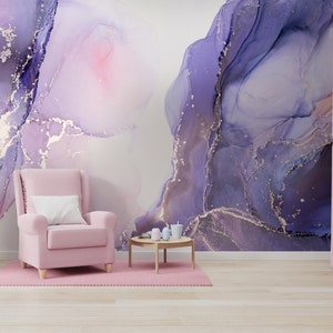 Purple marble watercolor wallpaper, abstraction, Wall Mural, Removable Wallpaper, Self Adhesive, Peel and Stick, Wall Decor